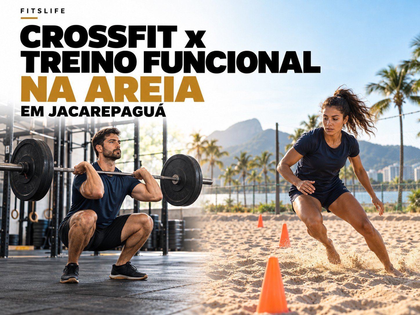 CrossFit x treino funcional na areia em Jacarepaguá: homem com barra e mulher descalça em exercício na areia.
