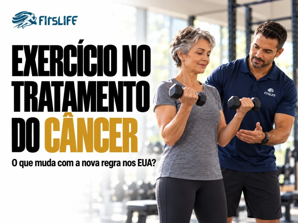 Capa FITSLIFE sobre exercício no tratamento do câncer, com ilustração de mulher usando halteres sob orientação profissional.