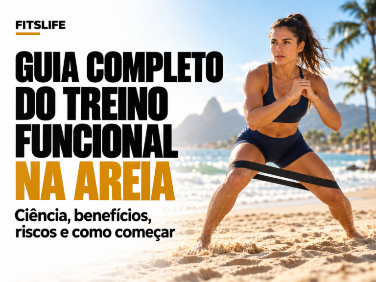 Capa do guia completo do treino funcional na areia, com mulher realizando exercício com faixa elástica na praia.
