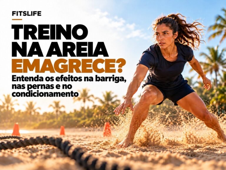 Treino na areia emagrece: capa FITSLIFE com mulher descalça realizando deslocamento lateral na areia.