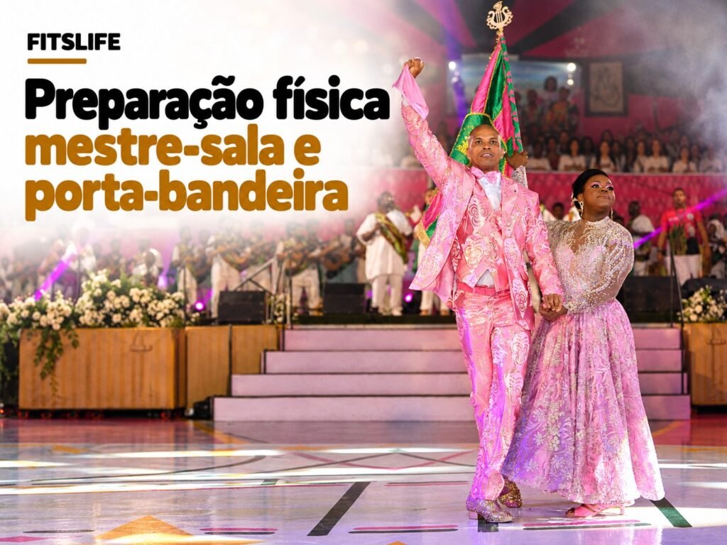 Capa sobre preparação física para mestre-sala e porta-bandeira, com casal da Mangueira em apresentação.