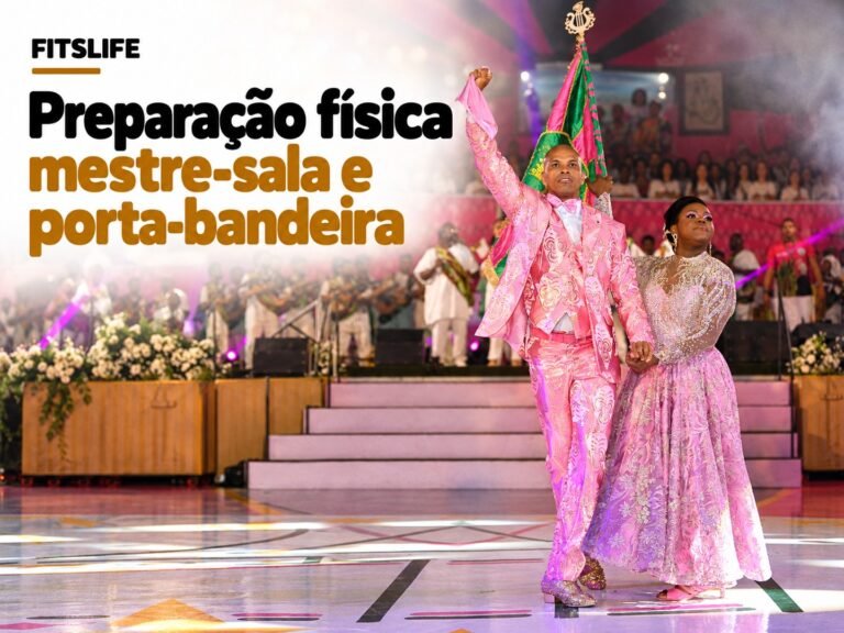 Capa sobre preparação física para mestre-sala e porta-bandeira, com casal da Mangueira em apresentação.