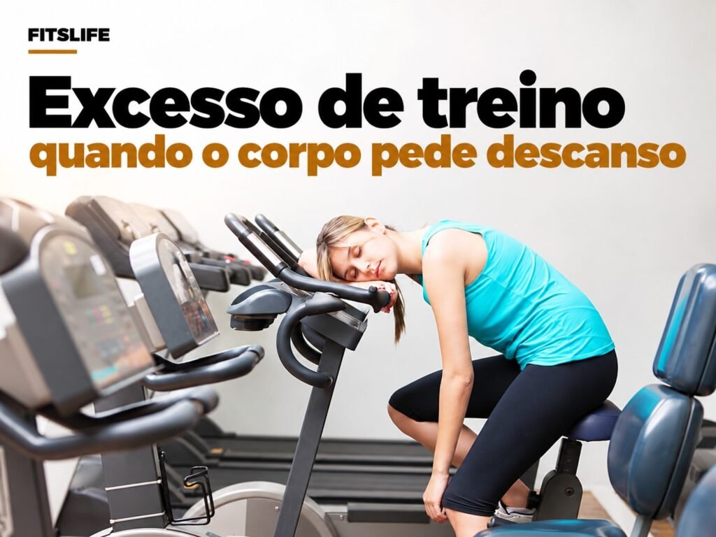 Mulher apoiada em equipamento de academia, em capa sobre excesso de treino e necessidade de descanso.