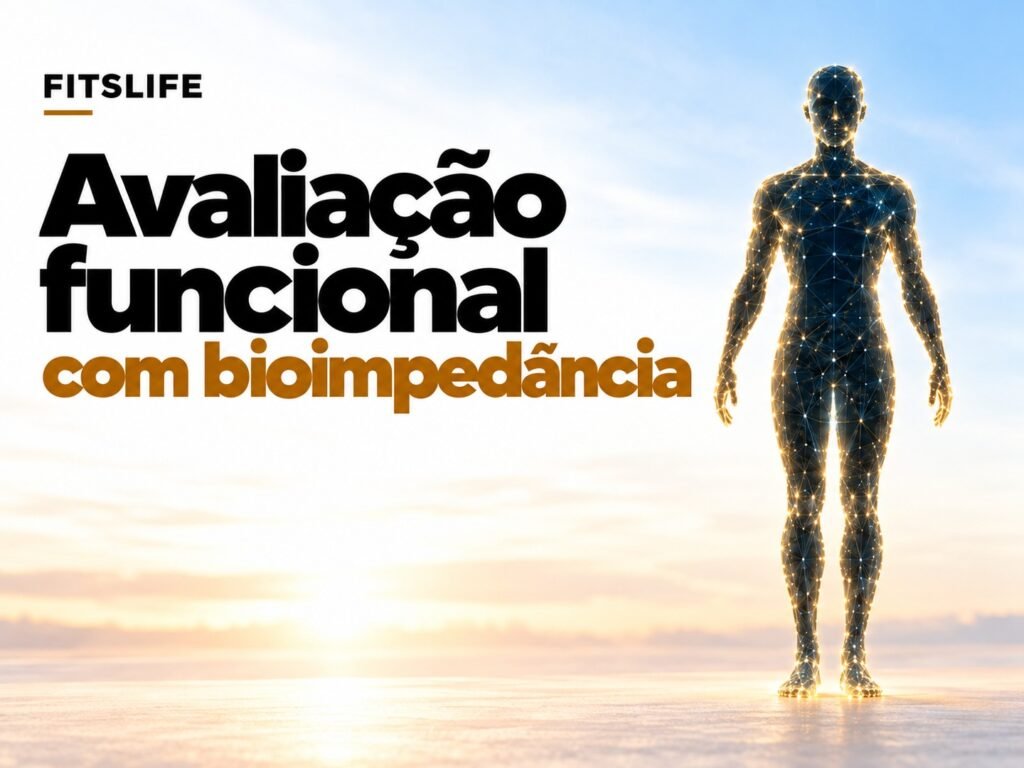 Avaliação funcional com bioimpedância, ilustrada por uma silhueta humana com pontos luminosos.