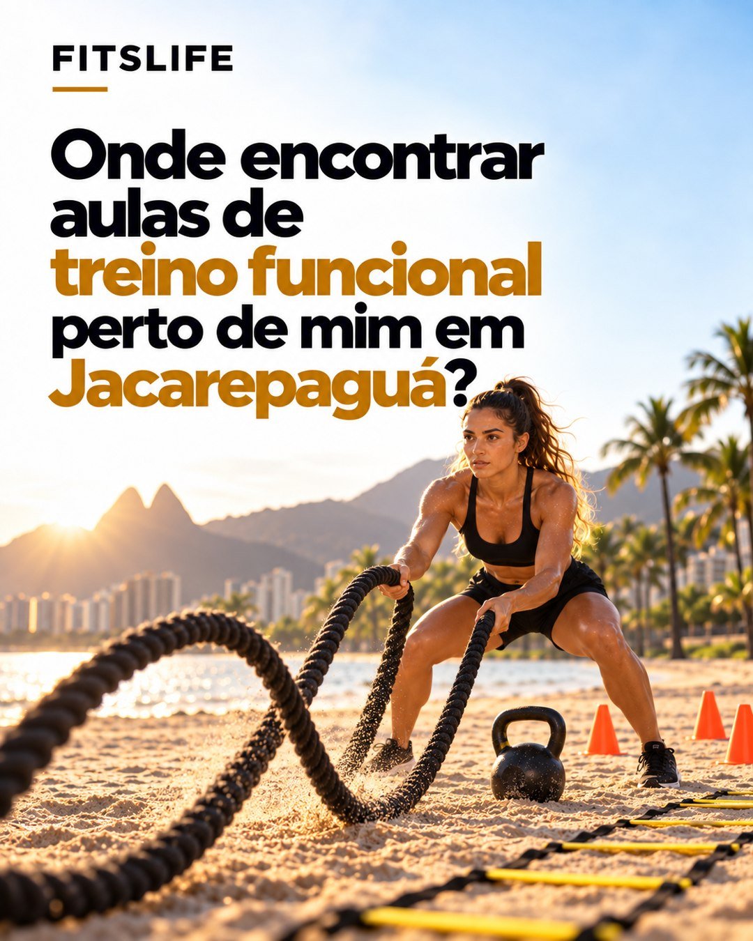 Ilustração de treino funcional na areia com corda, kettlebell, cones e escada de agilidade