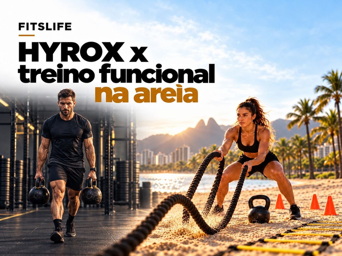 HYROX na academia à esquerda e treino funcional com cordas na areia à direita, capa do artigo FITSLIFE.